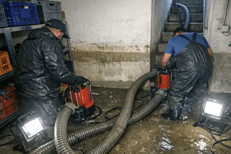 Leistungsstarke Schmutzwasserpumpen beim Abpumpen eines überfluteten Kellers nach Starkregen