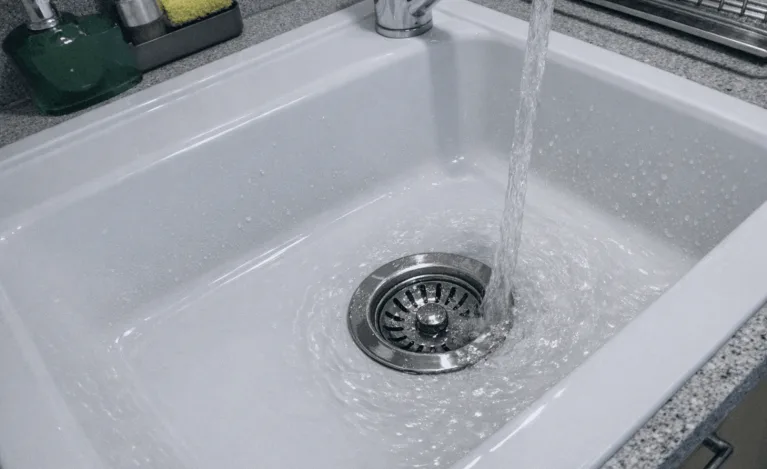Sauberes Waschbecken in einer hellen Küche als Symbol für schnelle Abflusshilfe im Haushalt