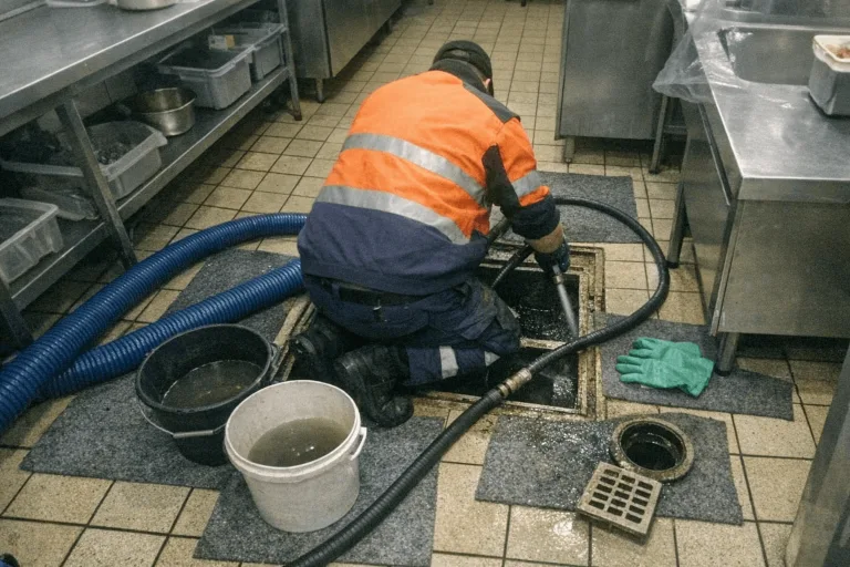 Techniker reinigt Fettabscheider und Bodenablauf in gewerblicher Restaurantküche.