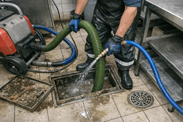 Industrielle Reinigungstechnik bei der Fettabscheider- und Leitungsreinigung in einem Gastronomiebetrieb