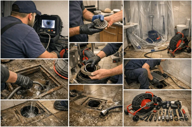 Breite Collage erfolgreicher Rohrreinigung in München mit Technikern, Werkzeugen, Kamerainspektion und behobenen Abflussproblemen.
