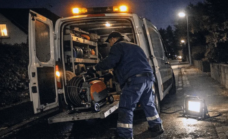 Techniker mit Rohrreinigungsgerät vor Hauseingang bei nächtlichem Notfalleinsatz, einsatzbereite, dringende Stimmung.