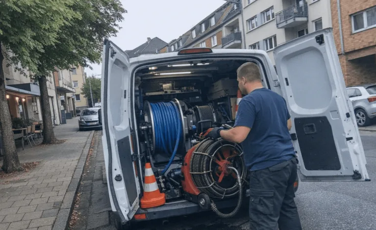 Servicefahrzeug der Rohrreinigung mit Techniker im Einsatz in Stadtteilen im Münchner Westen
