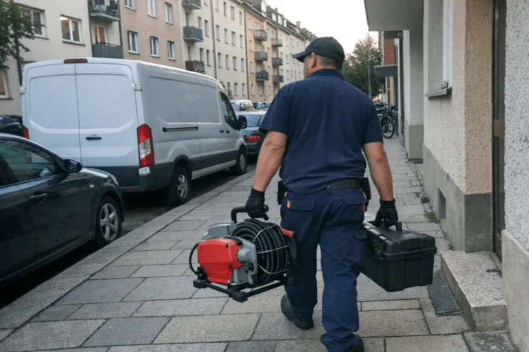 Techniker mit Rohrreinigungsgerät in Wohnstraße in Sendling
