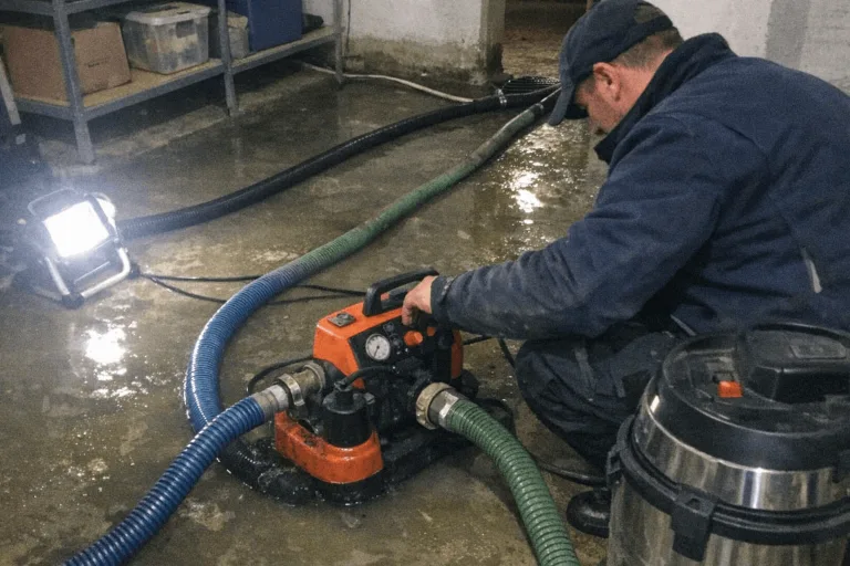 Überschwemmter Keller wird nach Starkregen abgepumpt