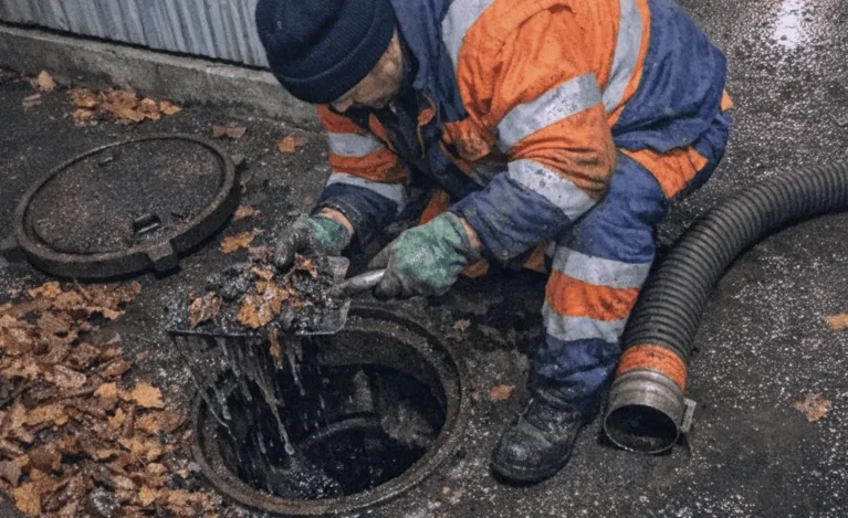 Techniker warten Kanal- und Abflussanlagen an Gewerbeobjekt mit sichtbarer Ausrüstung.