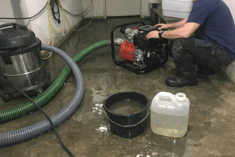 Professionelle Wasserextraktion mit Technikern im überfluteten Keller im Hansapark.