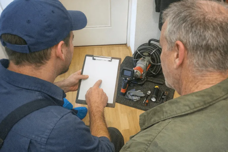 Techniker bespricht mit einem Kunden vor Ort transparent den Ablauf und die Kosten einer Rohrreinigung