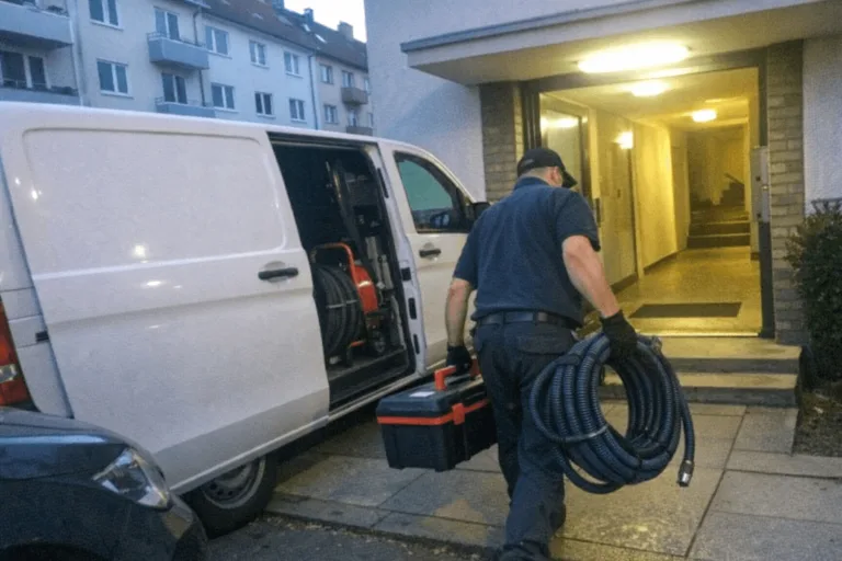 Rohrreinigungs-Techniker mit Einsatzfahrzeug vor einem Wohnhaus, bereit für einen schnellen Notdiensteinsatz