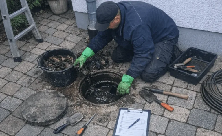Techniker reinigt Außenabfluss und Fallrohr an einem Wohnhaus