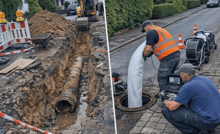 Vergleich zwischen verstopftem und professionell gereinigtem Abfluss